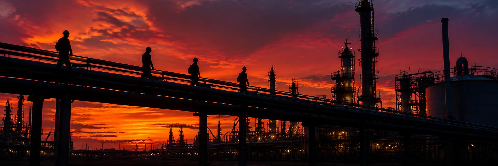 Siluetas de trabajadores de PLEYDSA al atardecer en una planta industrial