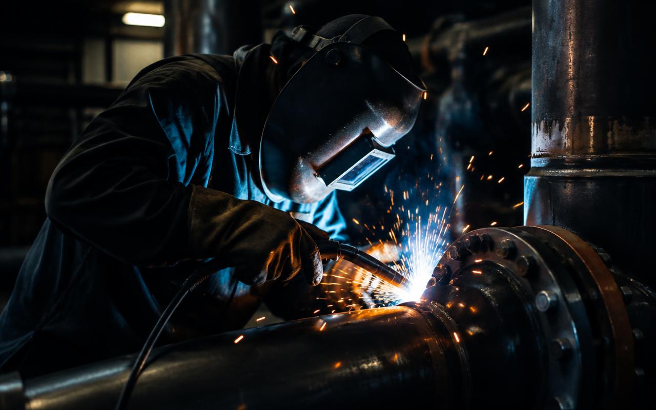 Soldador trabajando en tubería industrial