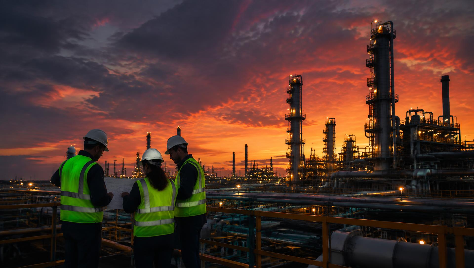 Ingenieros de PLEYDSA en una planta industrial al atardecer