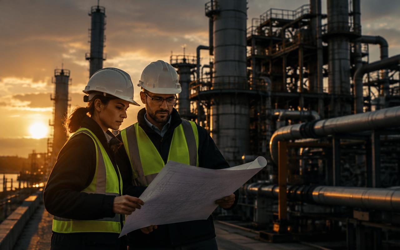 Ingenieros de PLEYDSA revisando planos en planta al atardecer