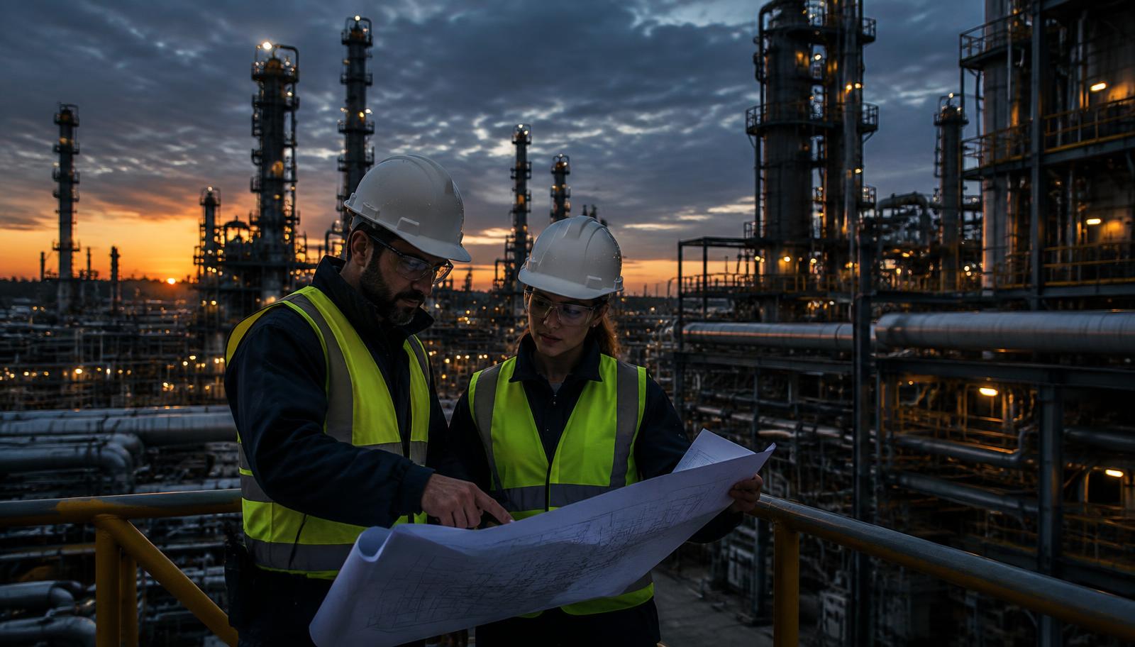 Ingenieros de PLEYDSA revisando planos en una planta industrial